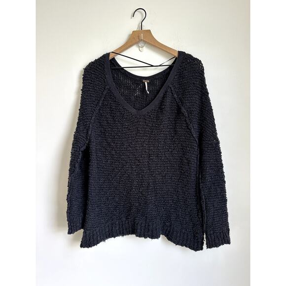 Free People Boucle Black V-Neck Sweater - Picture 1 of 2